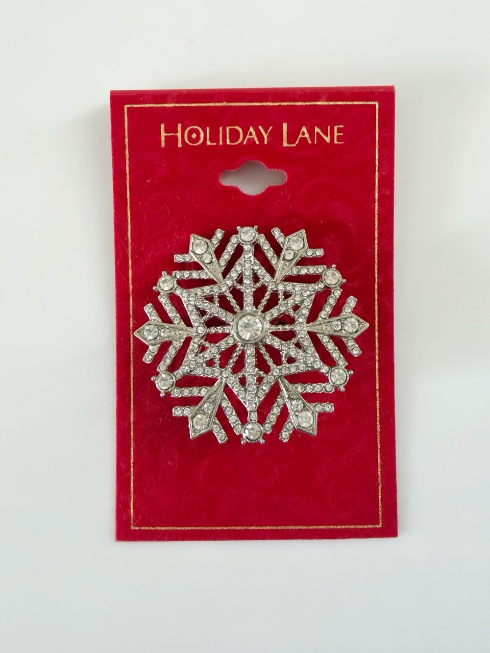 Vintage Holiday Lane Rhinestone Sparkly Silver Tone Rhode Snowflake Brooch Pin
